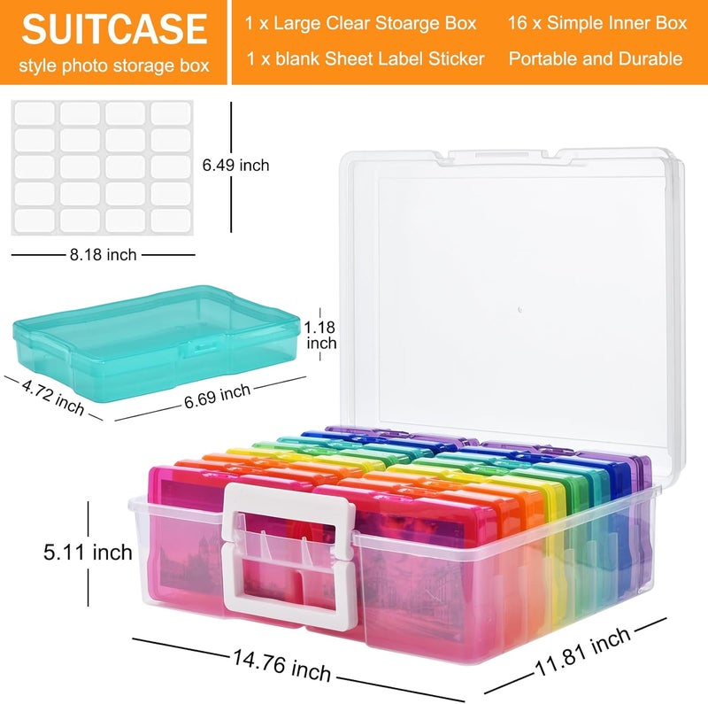 A-Link Photo Storage Box with Handle, 4" x 6" Photo Organizer Storage Container with 16 Inner Case and 1 Sheet Blank Labels for Pictures, Arts, Crafts, Sewing, Seeds, Office Supplies - Colored - Image 2